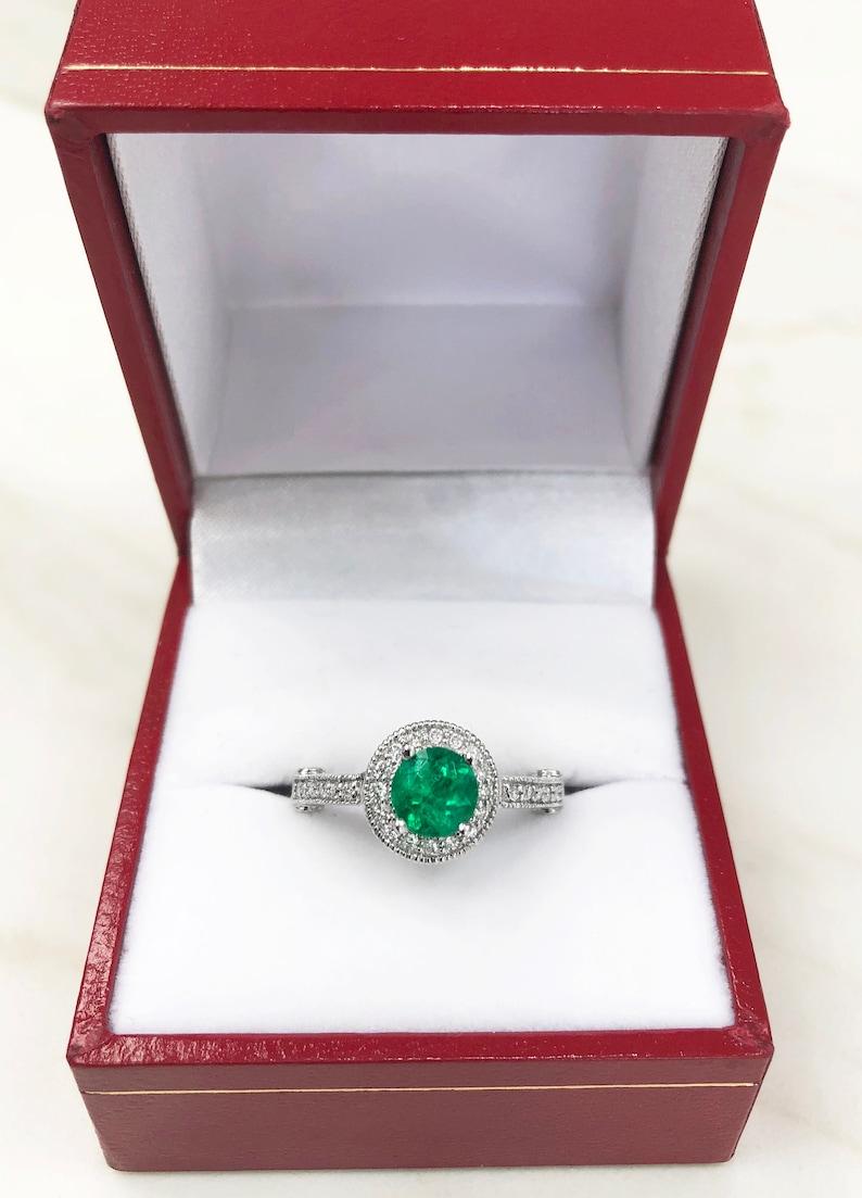 Emerald Cut 1.45ct Colombian Emerald & Diamond Halo Engagement Ring in 14K Gold For Sale