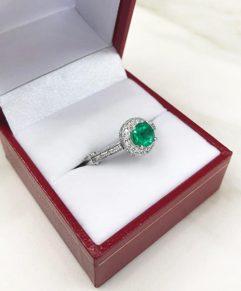 1.45ct Colombian Emerald & Diamond Halo Engagement Ring in 14K Gold In New Condition For Sale In Jupiter, FL
