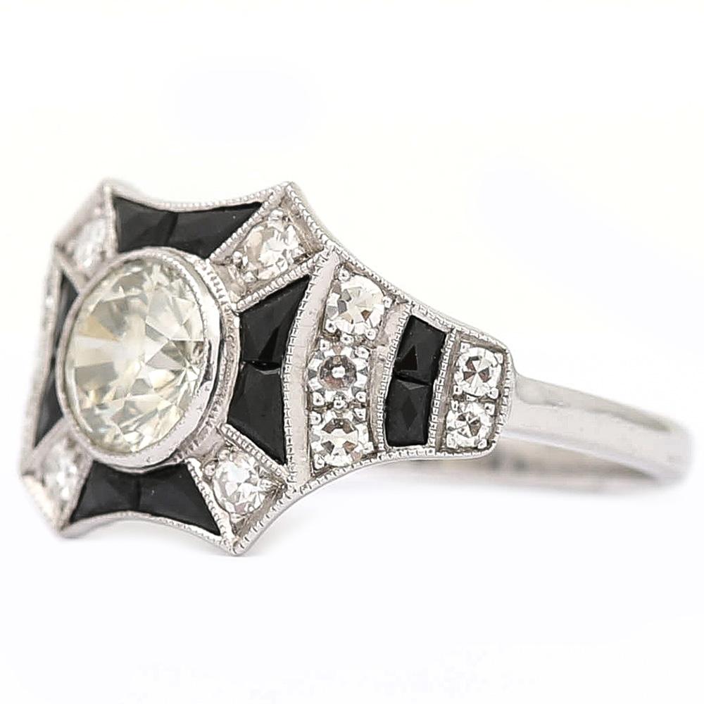 Old Mine Cut 1.45 Carat Diamond and Onyx 18 Karat Gold Art Deco Style Solitaire Cluster Ring