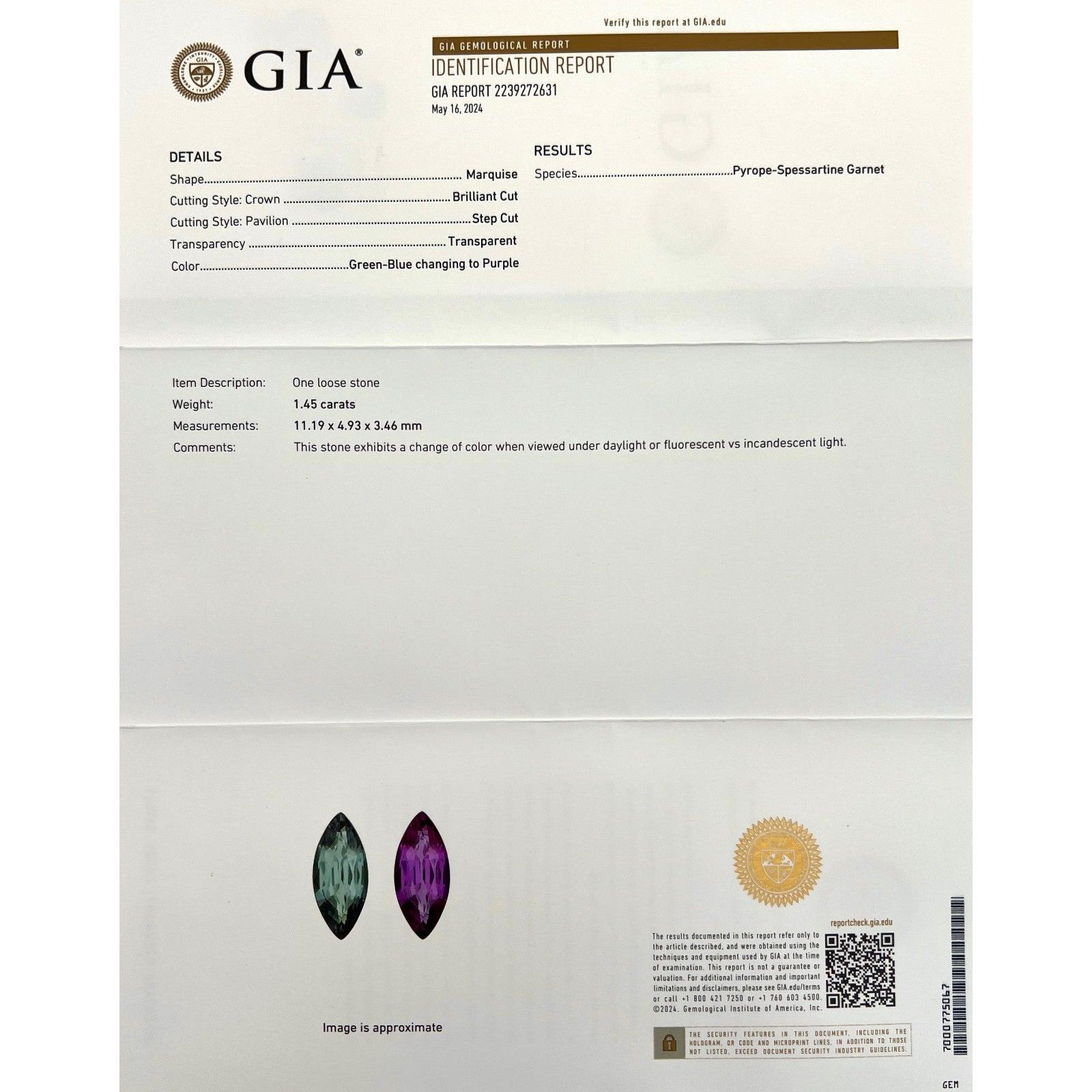 1.45ct GIA Certified Colour Change Garnet Marquise Cut Rare Pyrope Spessartine

Pierre précieuse de grenat à changement de couleur de première qualité, certifiée par le GIA et non traitée.
Fin grenat non traité de 1,45 carat avec un rare effet de