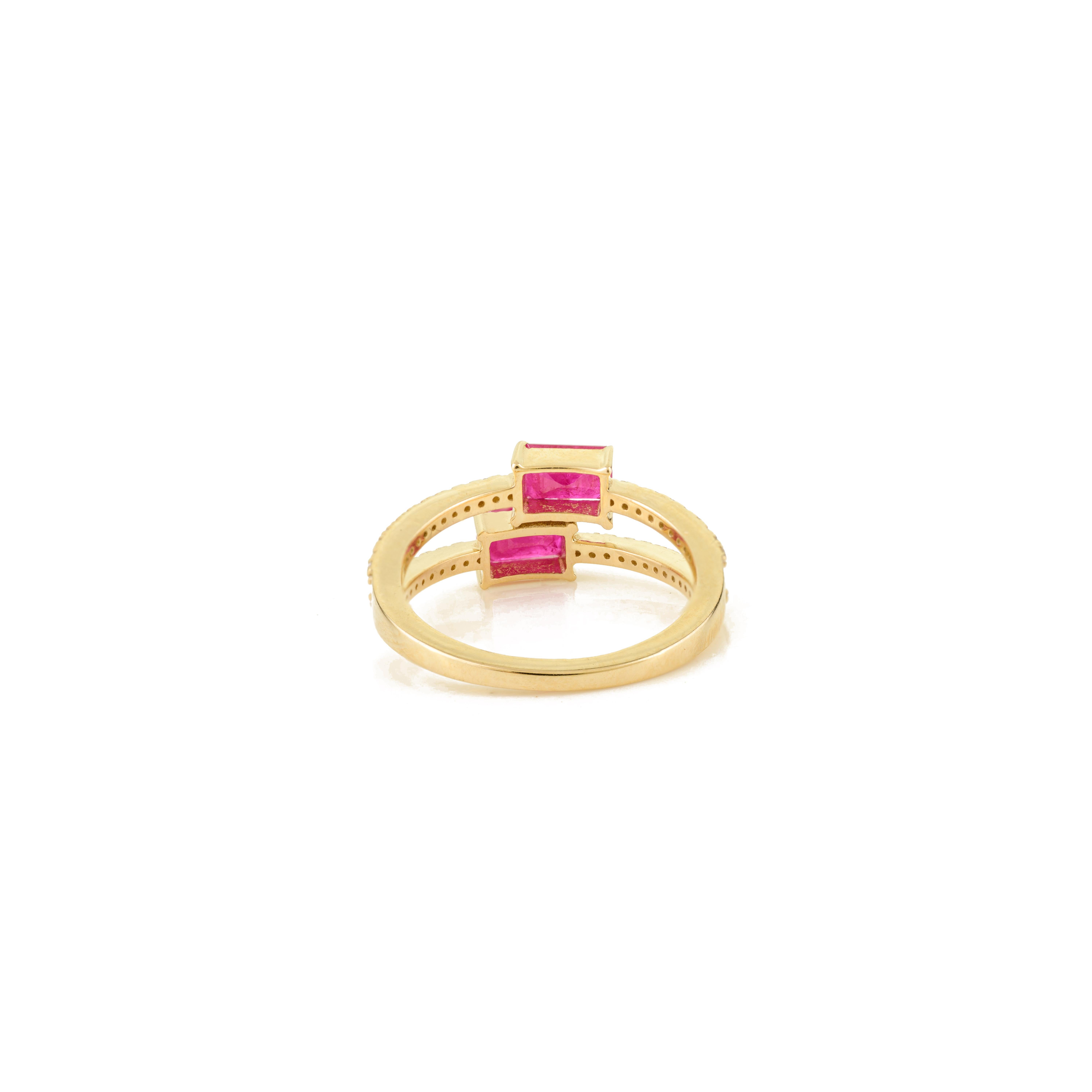 En vente :  1.45Ct Nature Ruby & Diamond Bypass Ring in 14k Yellow Gold with Split Band (Bague de contournement en or jaune 14k) 3
