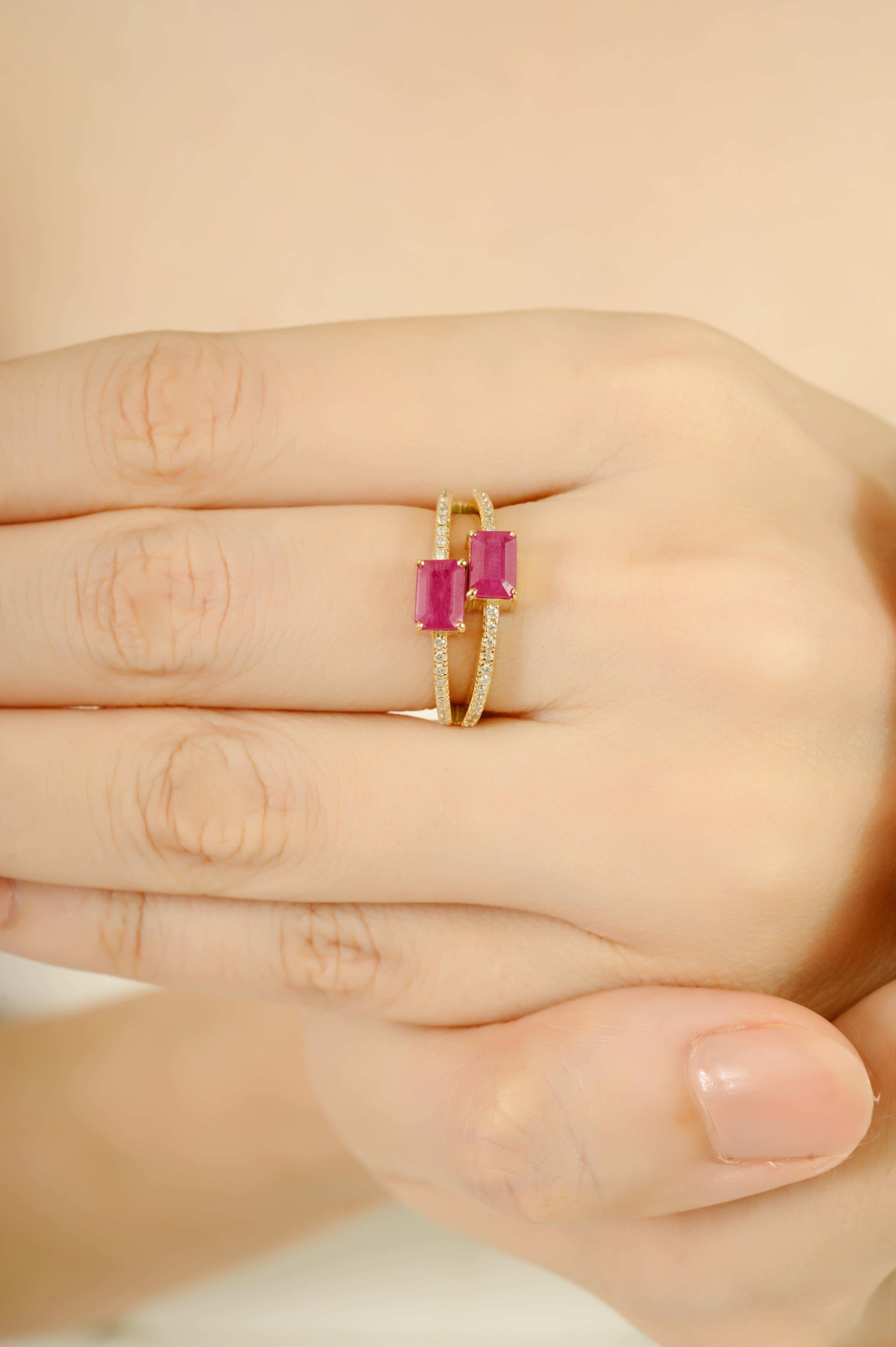 En vente :  1.45Ct Nature Ruby & Diamond Bypass Ring in 14k Yellow Gold with Split Band (Bague de contournement en or jaune 14k) 8
