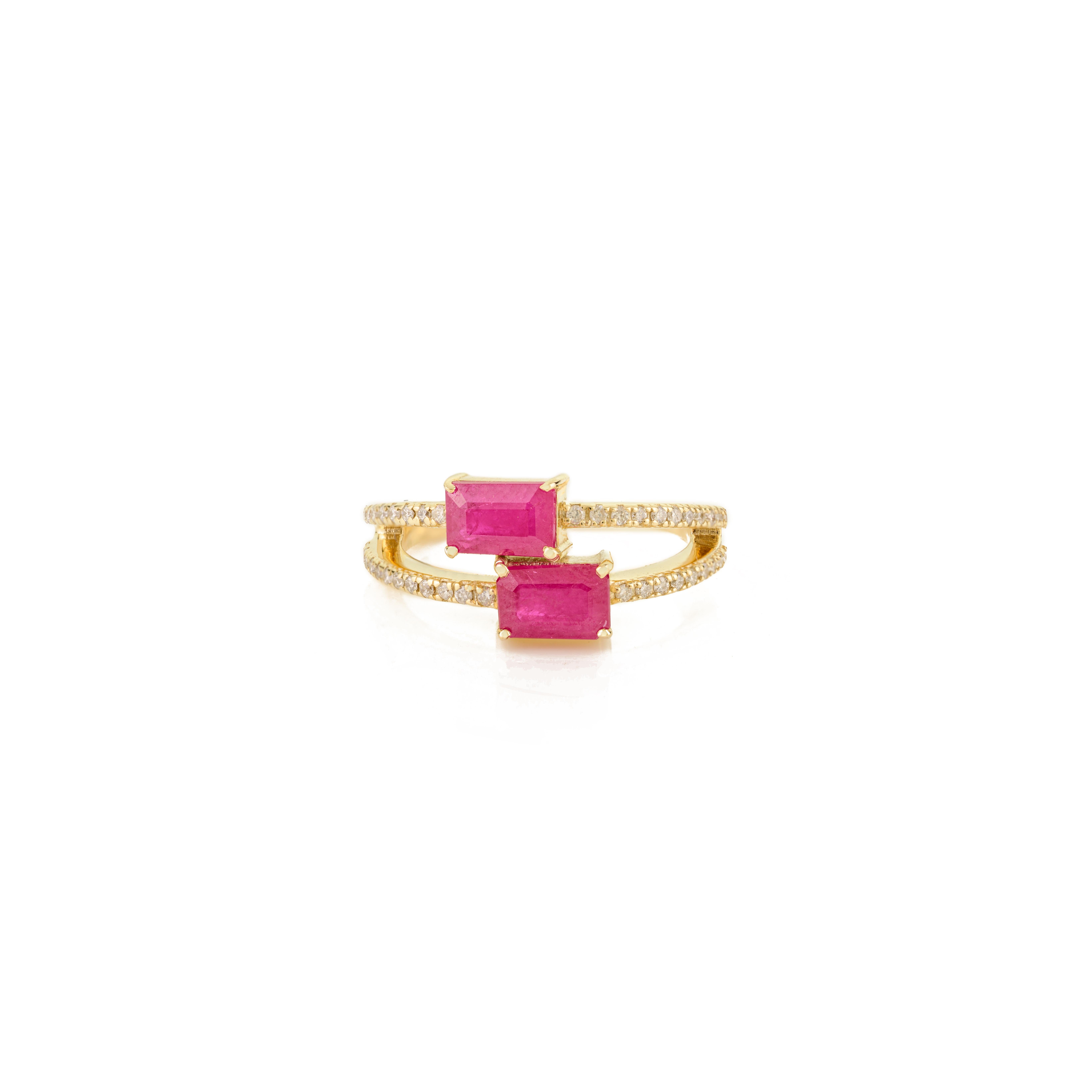 En vente :  1.45Ct Nature Ruby & Diamond Bypass Ring in 14k Yellow Gold with Split Band (Bague de contournement en or jaune 14k) 9