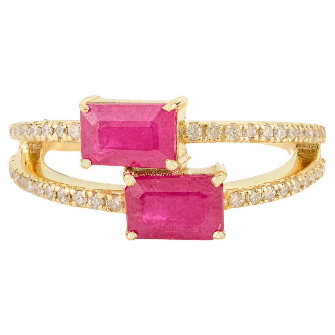 1.45Ct Nature Ruby & Diamond Bypass Ring in 14k Yellow Gold with Split Band (Bague de contournement en or jaune 14k)