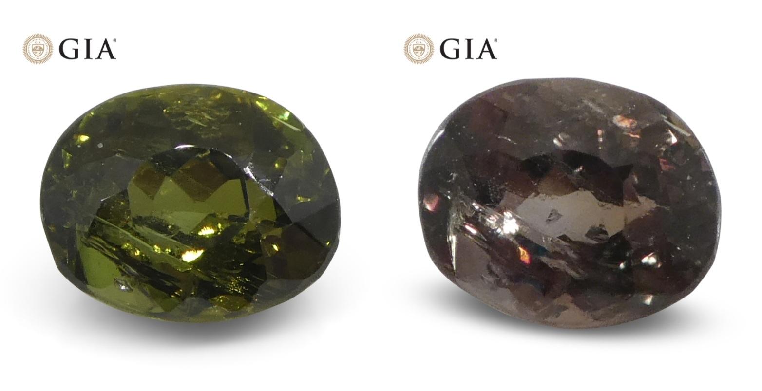 This is a stunning GIA Certified Alexandrite

The GIA report reads as follows:

GIA Report Number: 2239365110
Shape: Oval
Cutting Style: Modified Brilliant Cut
Cutting Style: Crown:
Cutting Style: Pavilion:
Transparency: Transparent
Colour: