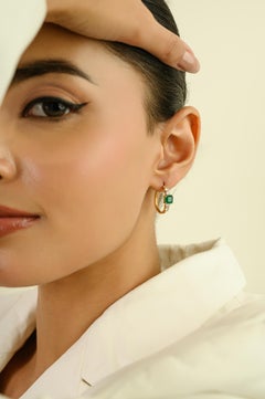 1.45Ct Square Emerald & Diamond Everyday Hoop Earrings in 18K Solid Yellow Gold