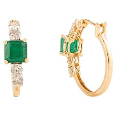 1.45Ct Square Emerald 
Diamond Everyday Hoop Earrings in 18K Solid Yellow Gold (Boucles d
oreilles de tous les jours en or jaune 18K)