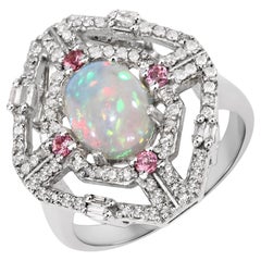 1.45cttw Ethiopian Opal, Tourmaline with Diamonds 0.60cttw Sterling Silver Ring