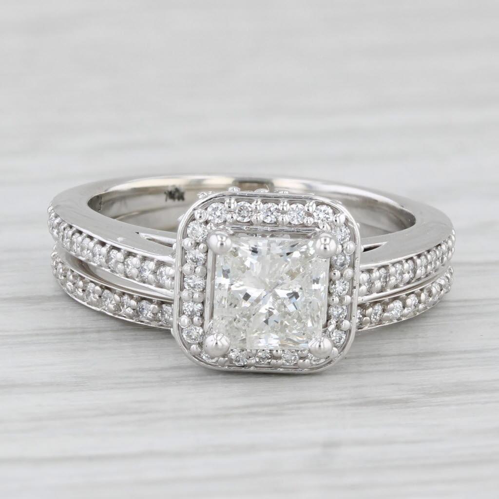 1.45ctw Princess Diamond Halo Engagement Ring Wedding Band Bridal Set 14k Gold For Sale 4
