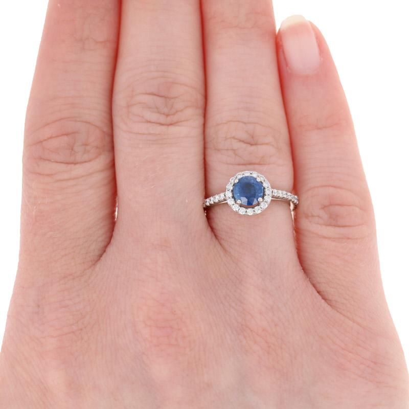 Women's 1.45 Carat Round Cut Sapphire and Diamond Engagement Ring, 14 Karat Gold Halo