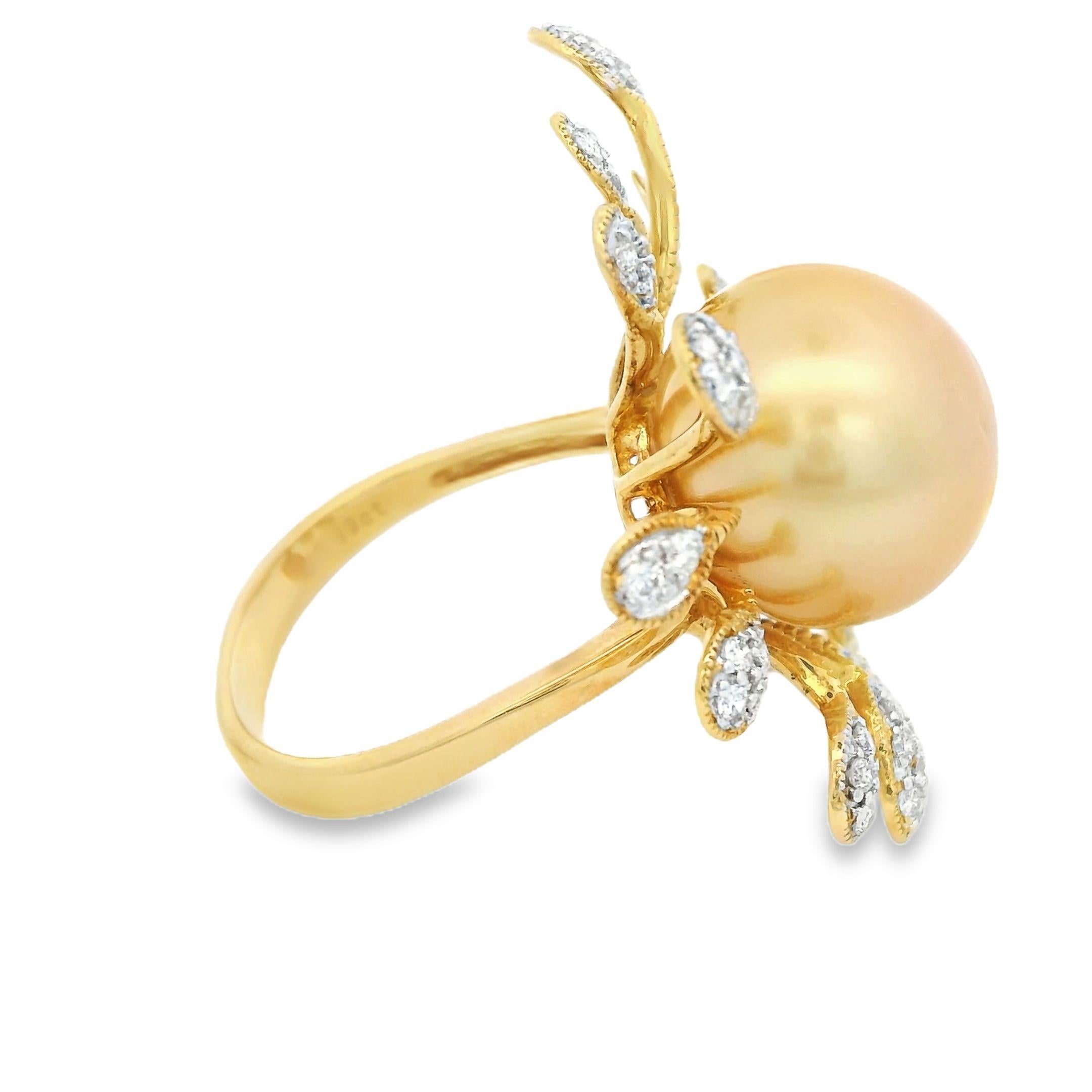 Art Deco 14.5MM South Sea Pearl Diamond Ring in 18 Karat Yellow Gold