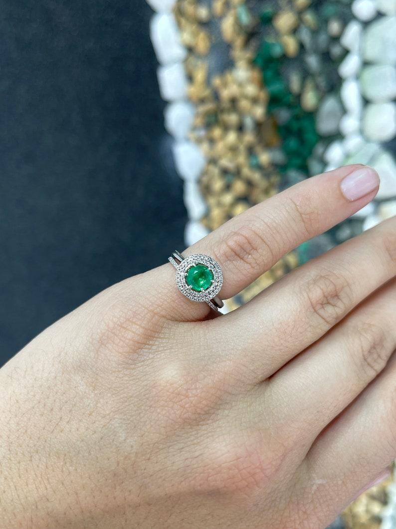 Contemporary 1.45tcw 14K Emerald & Diamond Ring, Vivid Green Emerald, Double Halo For Sale