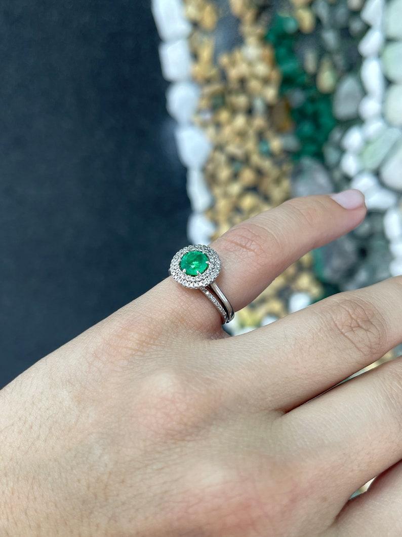 Emerald Cut 1.45tcw 14K Emerald & Diamond Ring, Vivid Green Emerald, Double Halo For Sale