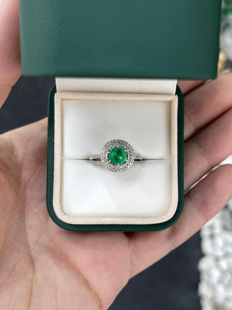 Women's 1.45tcw 14K Emerald & Diamond Ring, Vivid Green Emerald, Double Halo For Sale