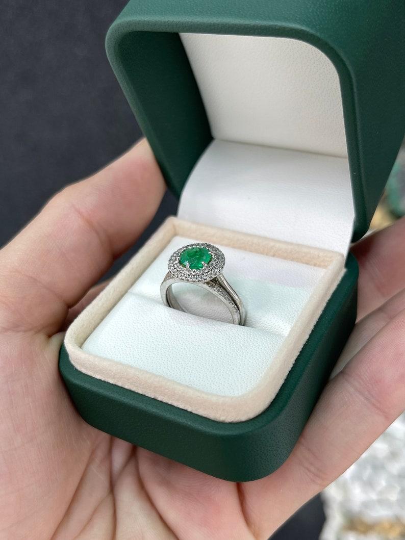 1.45tcw 14K Emerald & Diamond Ring, Vivid Green Emerald, Double Halo For Sale 2