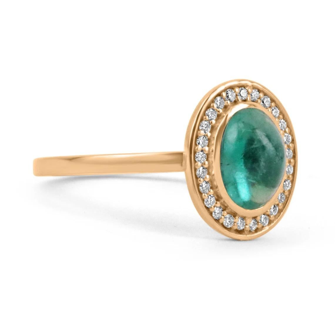 Modern 1.45tcw 14K Natural Emerald Cabochon Oval Cut & Diamond Halo Statement Ring For Sale