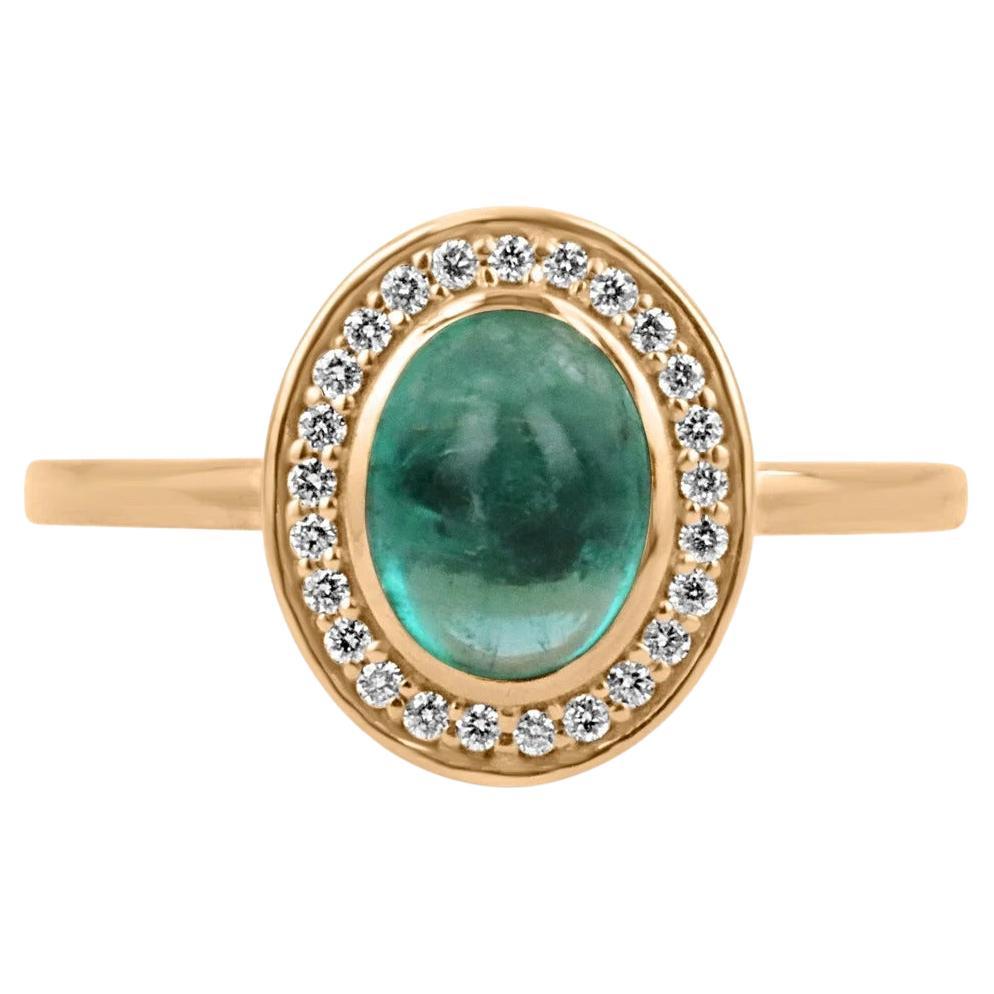 1.45tcw 14K Natural Emerald Cabochon Oval Cut & Diamond Halo Statement Ring For Sale