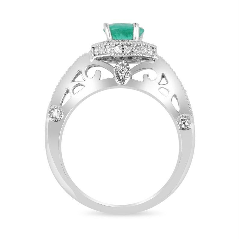 Contemporary 1.45tcw Genuine Colombian Emerald & Diamond Halo Engagement Ring - 14K For Sale