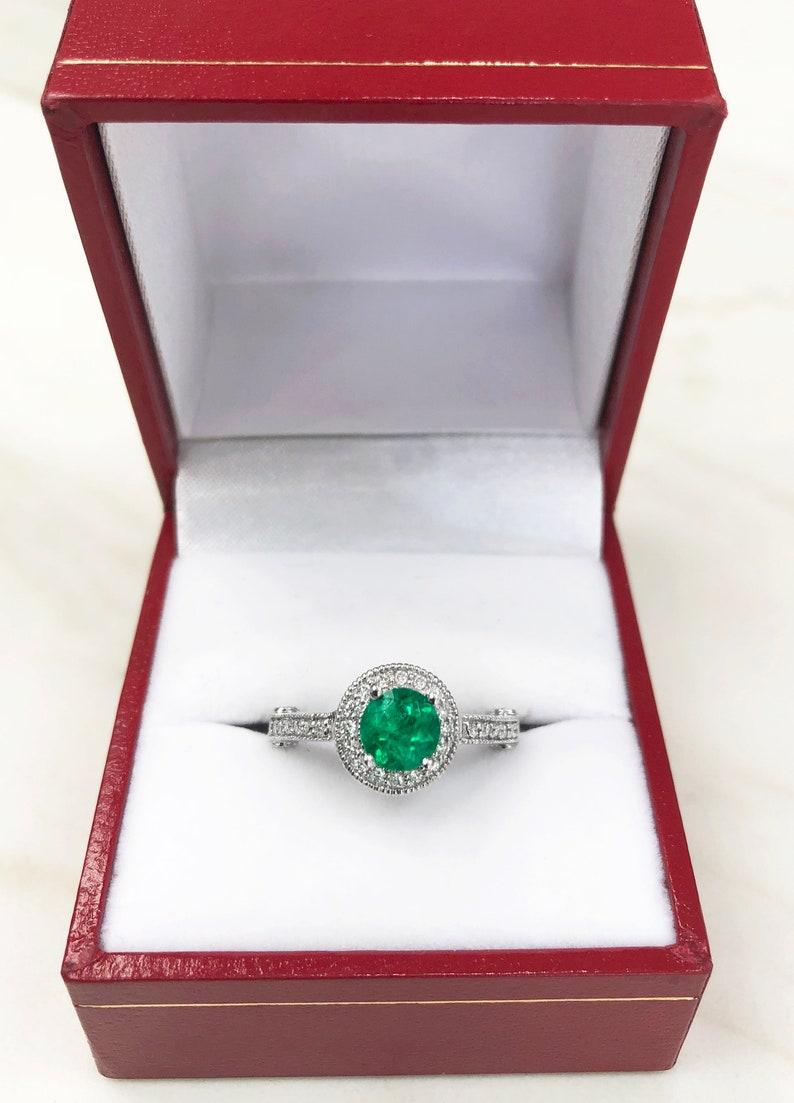 Emerald Cut 1.45tcw Genuine Colombian Emerald & Diamond Halo Engagement Ring - 14K For Sale