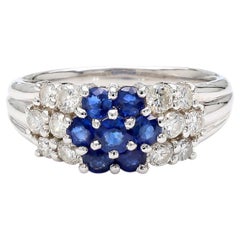 1.46 Carat Blue Sapphire & Diamond Platinum 3 Row Floral Cluster Band Ring