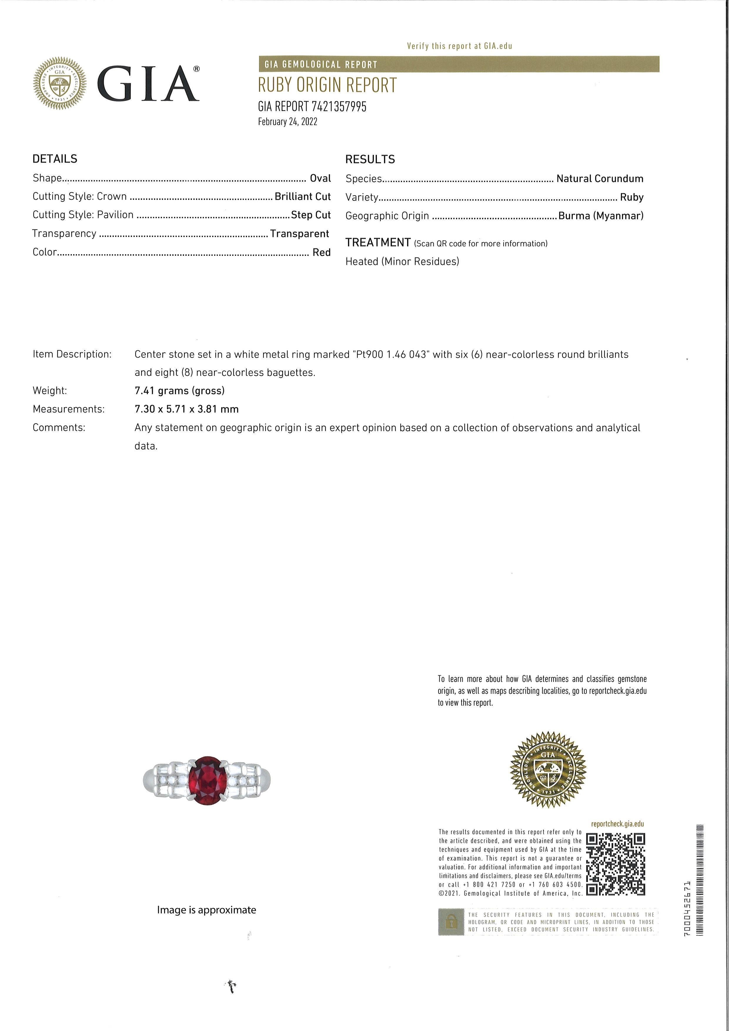 Women's 1.46 Carat Burmese Ruby Diamond Platinum Ring, GIA Certified For Sale