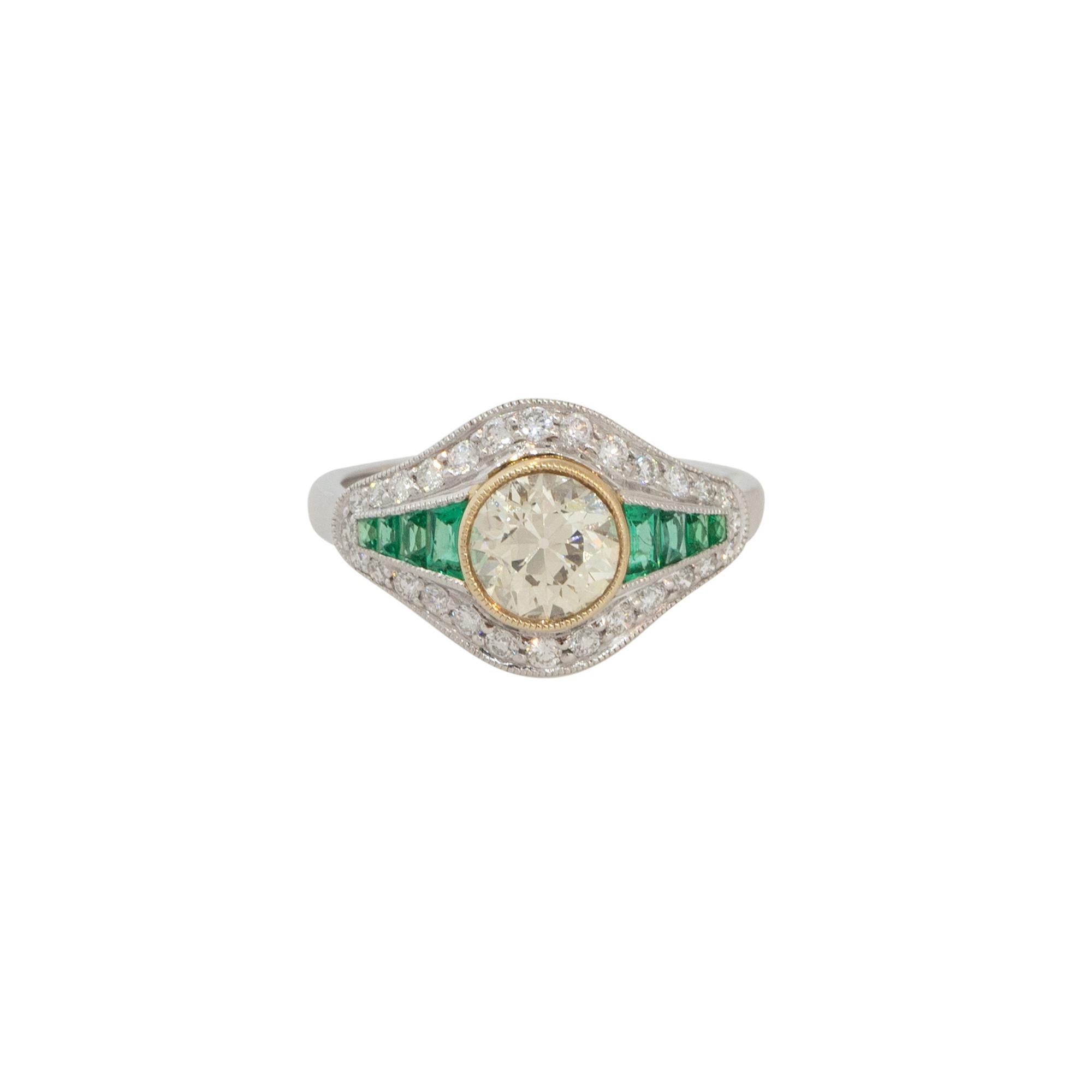 Platinum 1.46ctw Diamond and Emerald Art Deco Ring
Material: Platinum
Diamond Details: Approx. 1.46ctw of Round Brilliant Cut Diamonds. Center Diamond is L/M in color and VS2 in clarity
Gemstone Details: Approx. 0.24ctw of Baguette Cut Emeralds
Ring