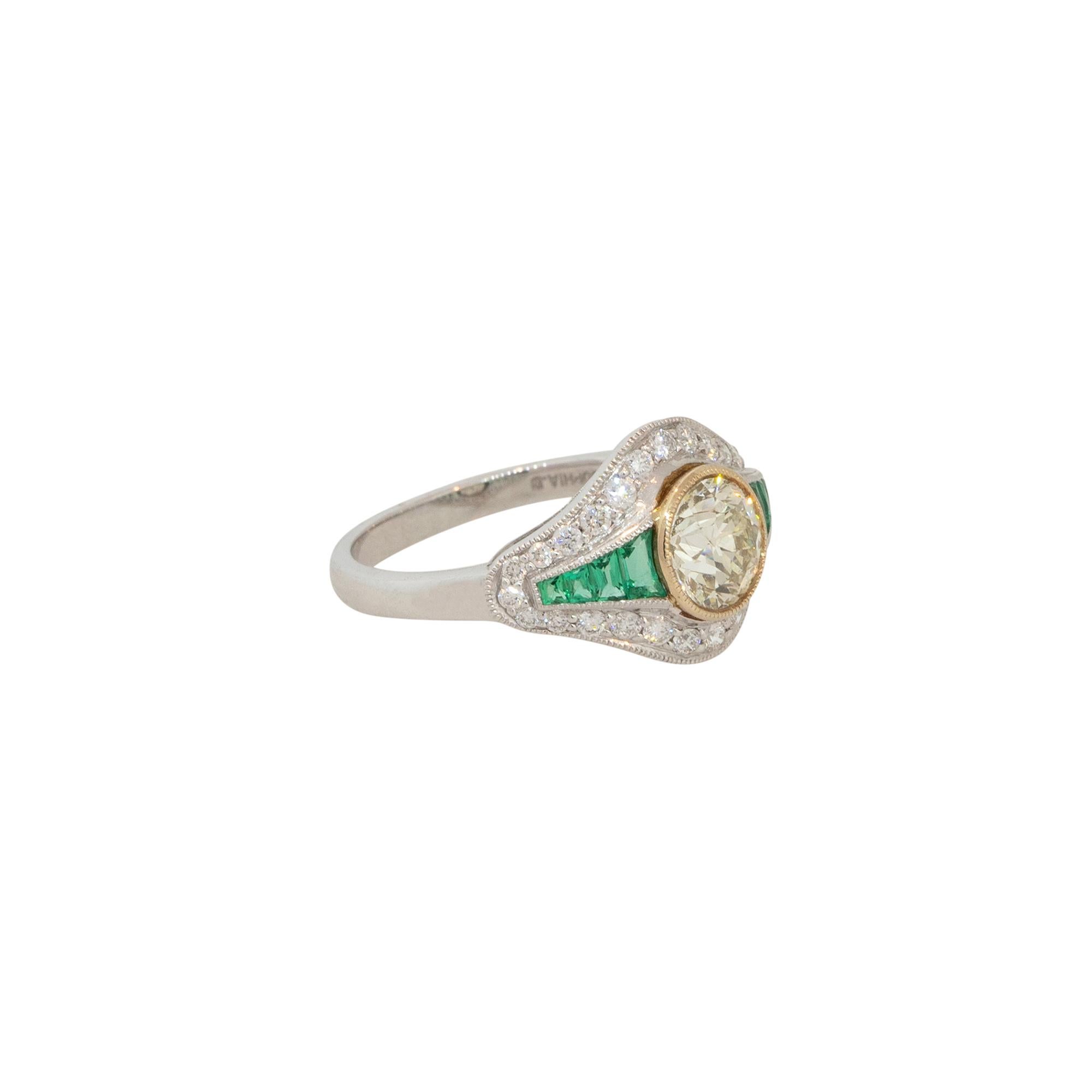 Platinum 1.46ctw Diamond and Emerald Art Deco Ring
Material: Platinum
Diamond Details: Approx. 1.46ctw of Round Brilliant Cut Diamonds. Center Diamond is L/M in color and VS2 in clarity
Gemstone Details: Approx. 0.24ctw of Baguette Cut Emeralds
Ring