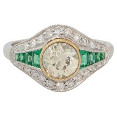 1.46 Carat Diamond and Emerald Art Deco Ring Platinum in Stock