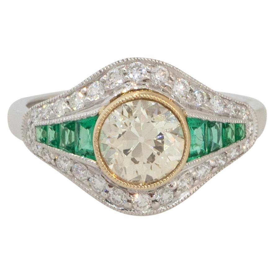 1.46 Carat Diamond and Emerald Art Deco Style Ring Platinum in Stock For Sale