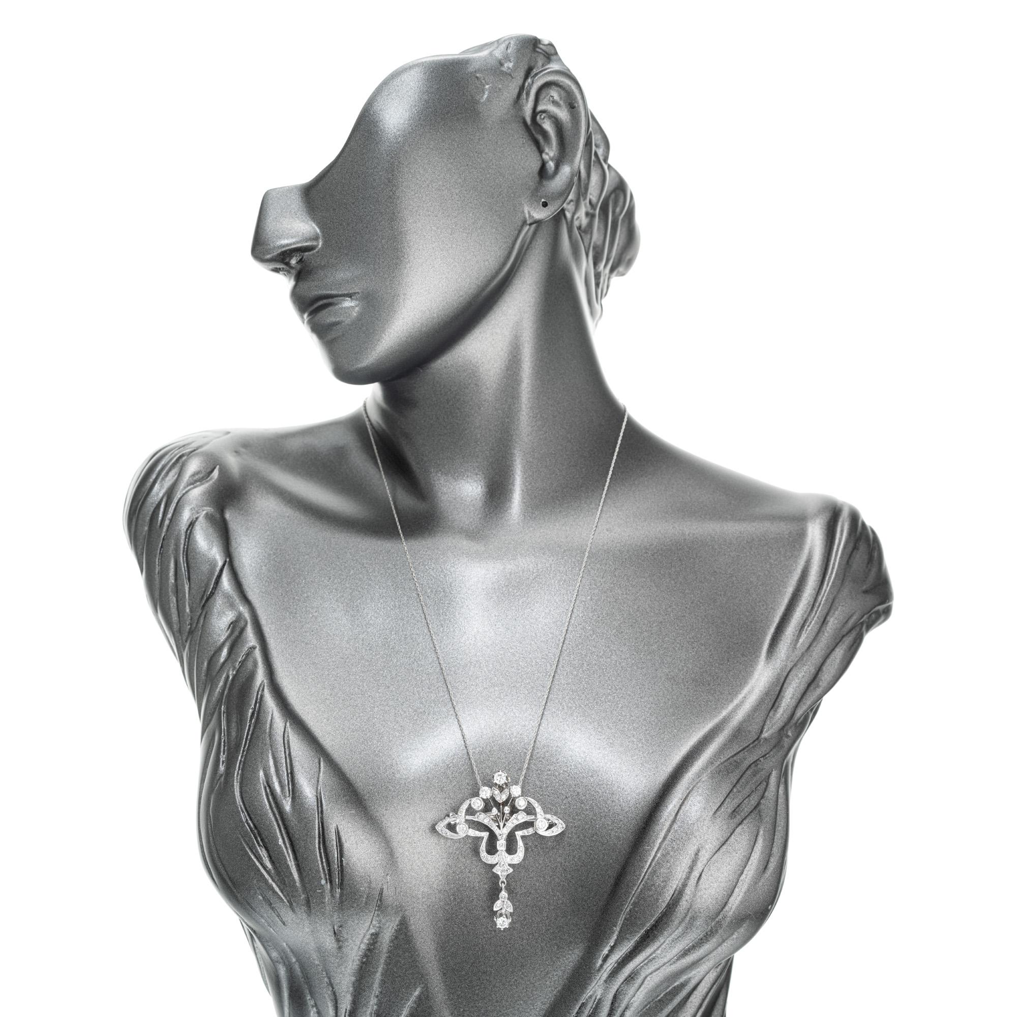 Women's 1.46 Carat Diamond White Gold Brooch Pendant Necklace For Sale