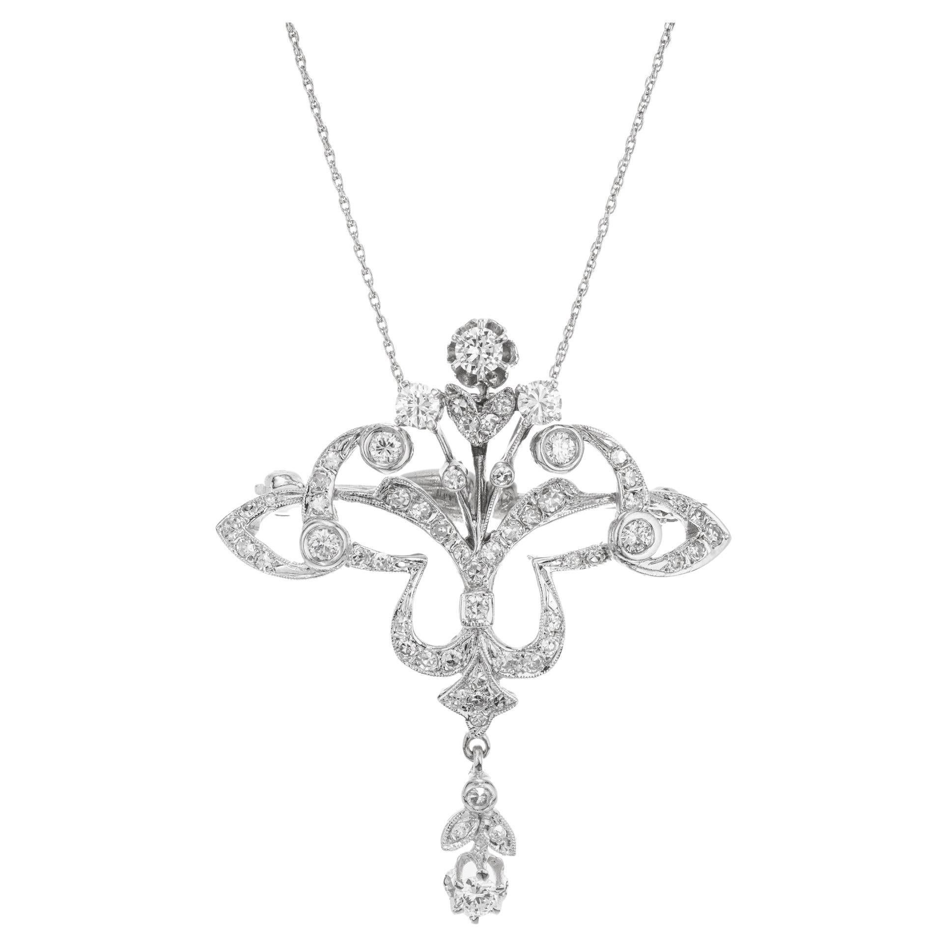 1.46 Carat Diamond White Gold Brooch Pendant Necklace For Sale