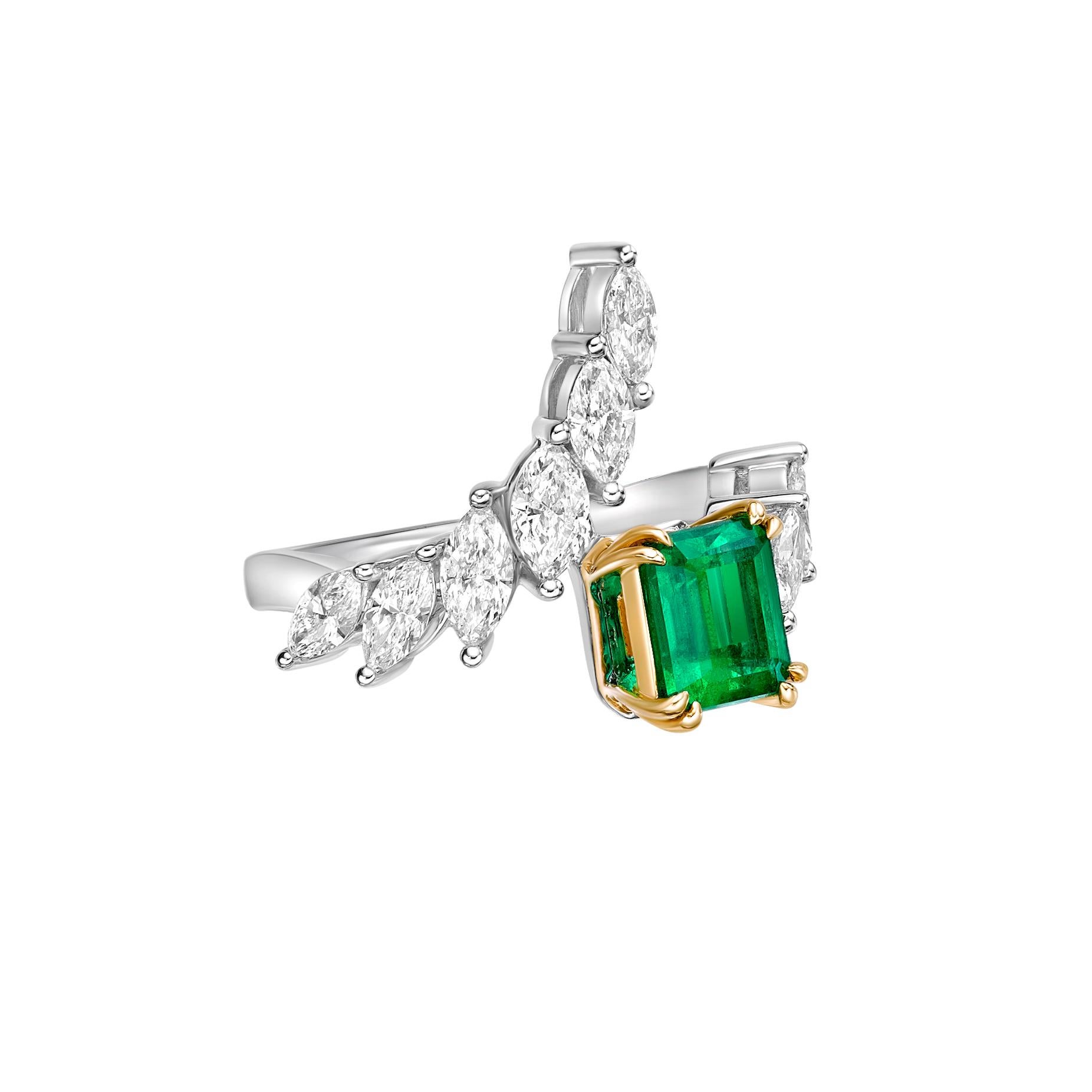 This lovely ring, with its modern design and classic beauty combined in this stunning piece of art, will enhance your elegance and grace. It's made of 18karat yellow gold and is designed to captivate hearts and elevate any special event.

Emerald