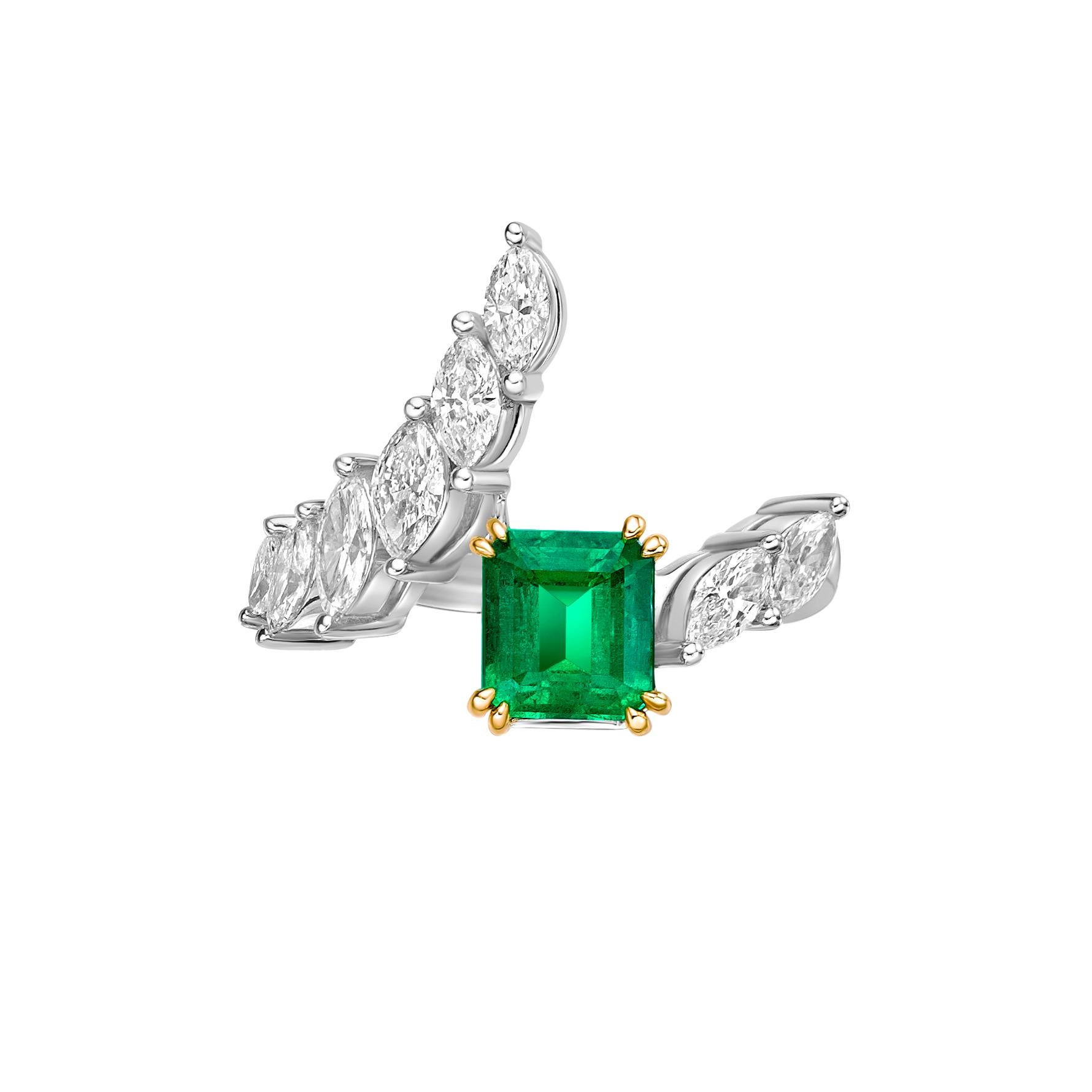 Contemporary 1.46 Carat Emerald Fancy Ring in 18Karat Yellow Gold with White Diamond. For Sale