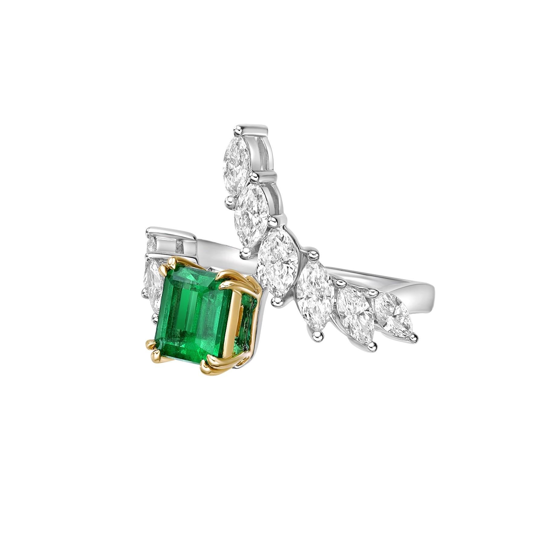Octagon Cut 1.46 Carat Emerald Fancy Ring in 18Karat Yellow Gold with White Diamond. For Sale