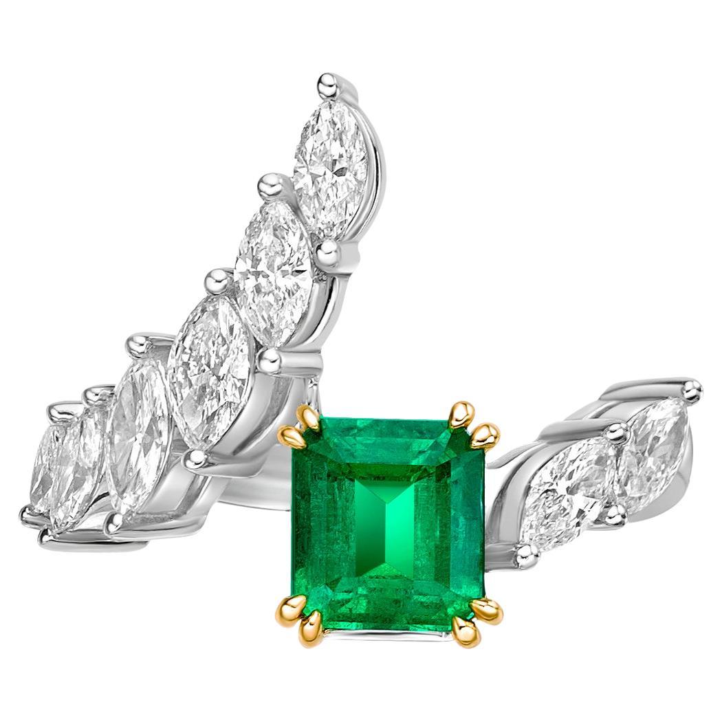 1.46 Carat Emerald Fancy Ring in 18Karat Yellow Gold with White Diamond.