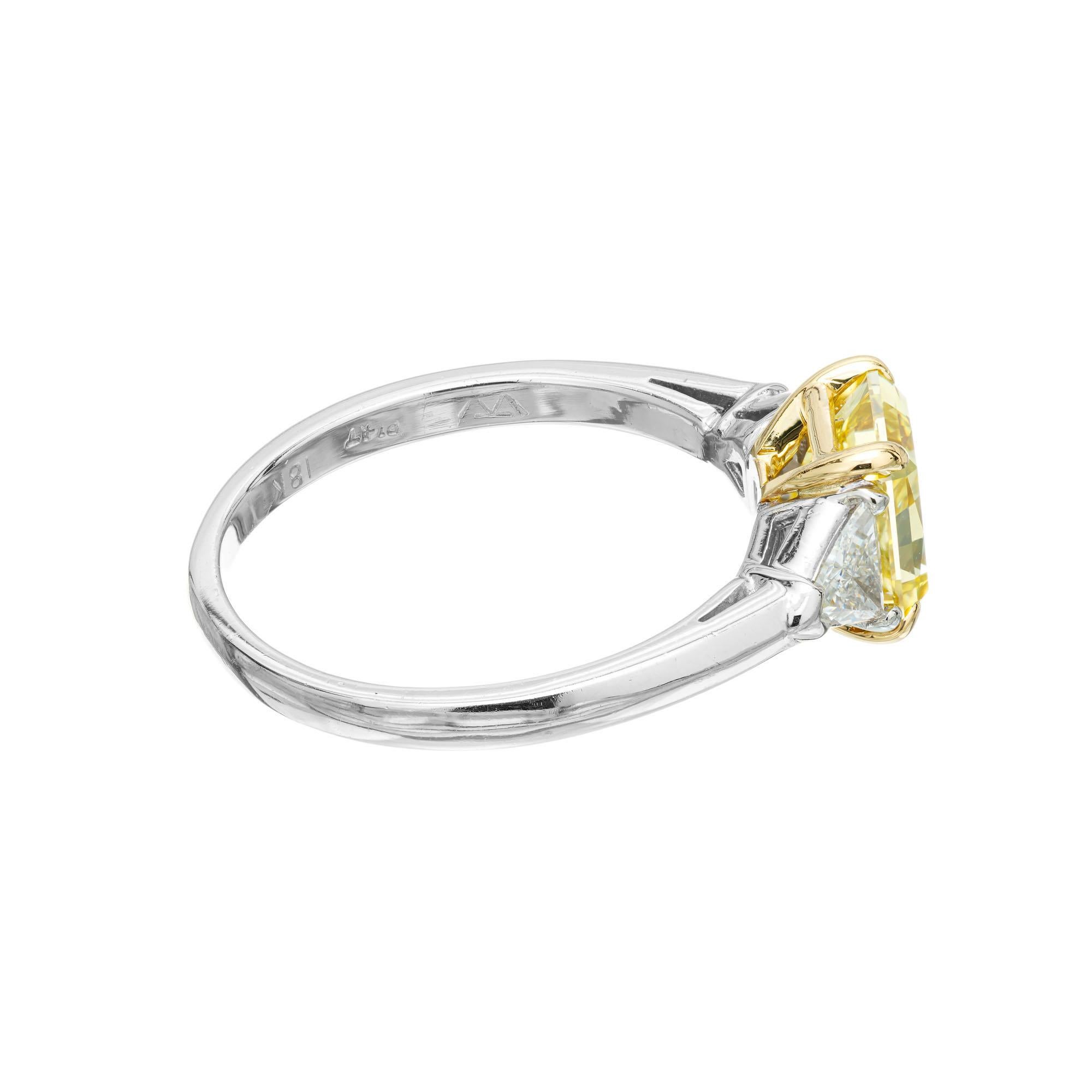 Women's 1.46 Carat Fancy Yellow Diamond Three-Stone Platinum Engagement Ring For Sale