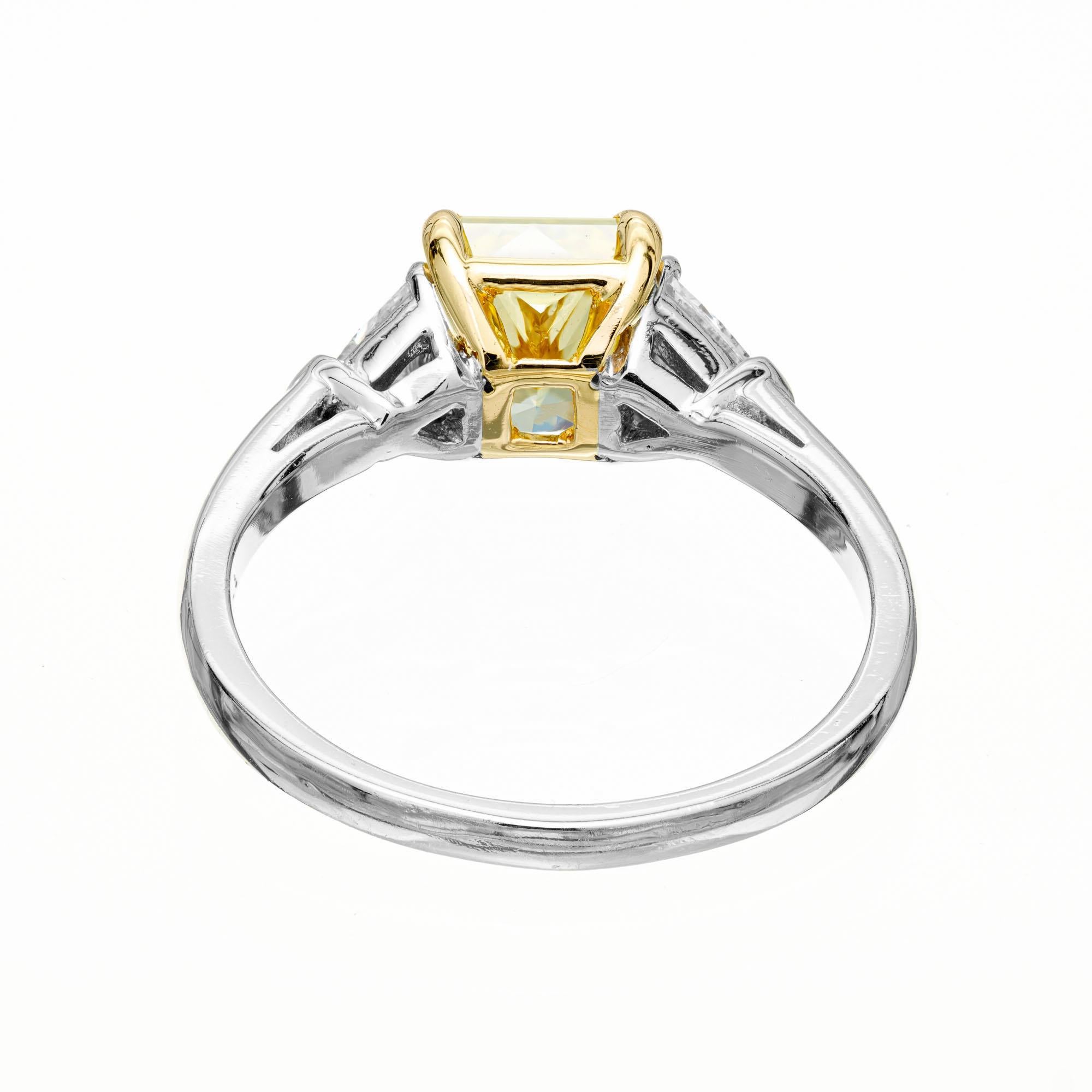 1.46 Carat Fancy Yellow Diamond Three-Stone Platinum Engagement Ring For Sale 1