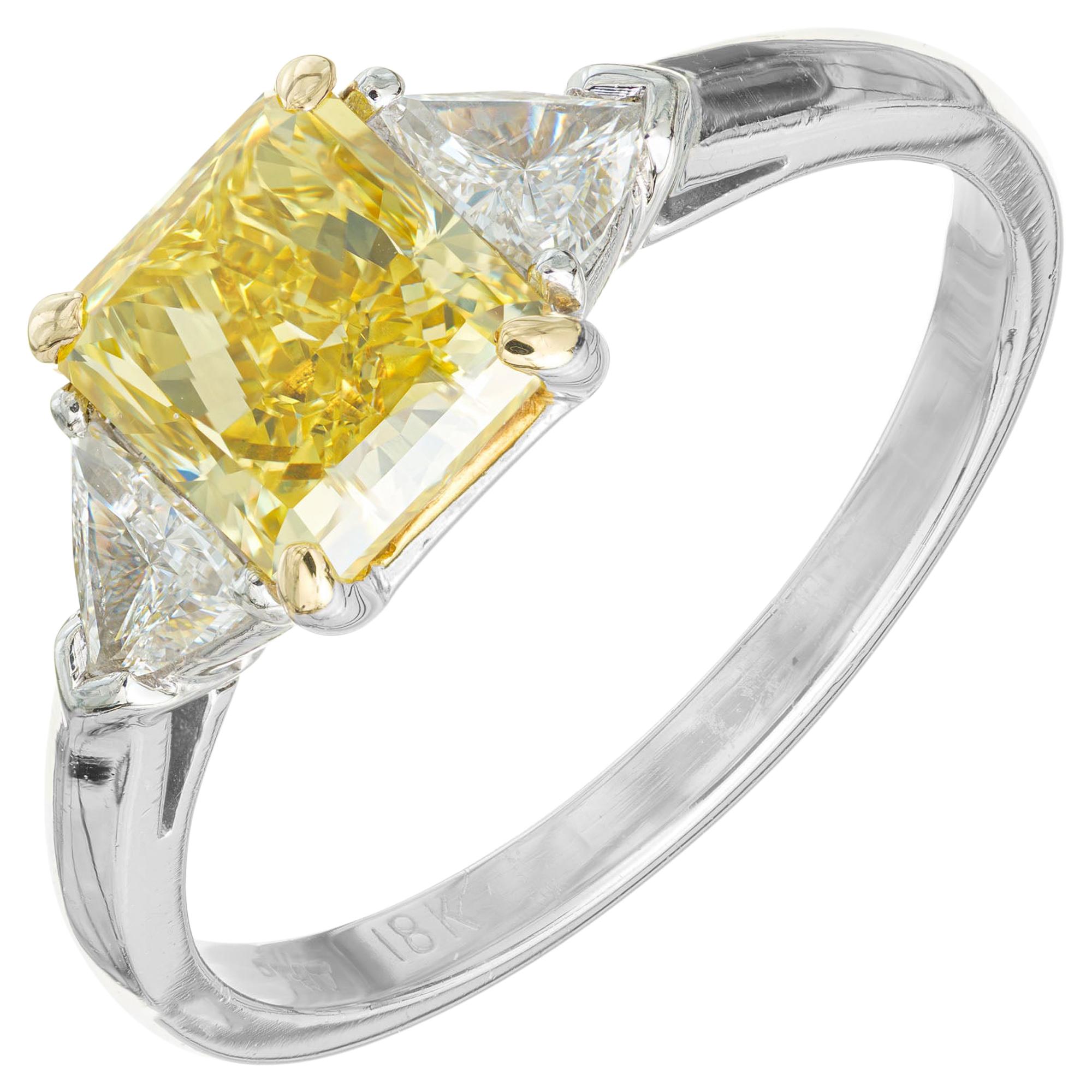 1.46 Carat Fancy Yellow Diamond Three-Stone Platinum Engagement Ring