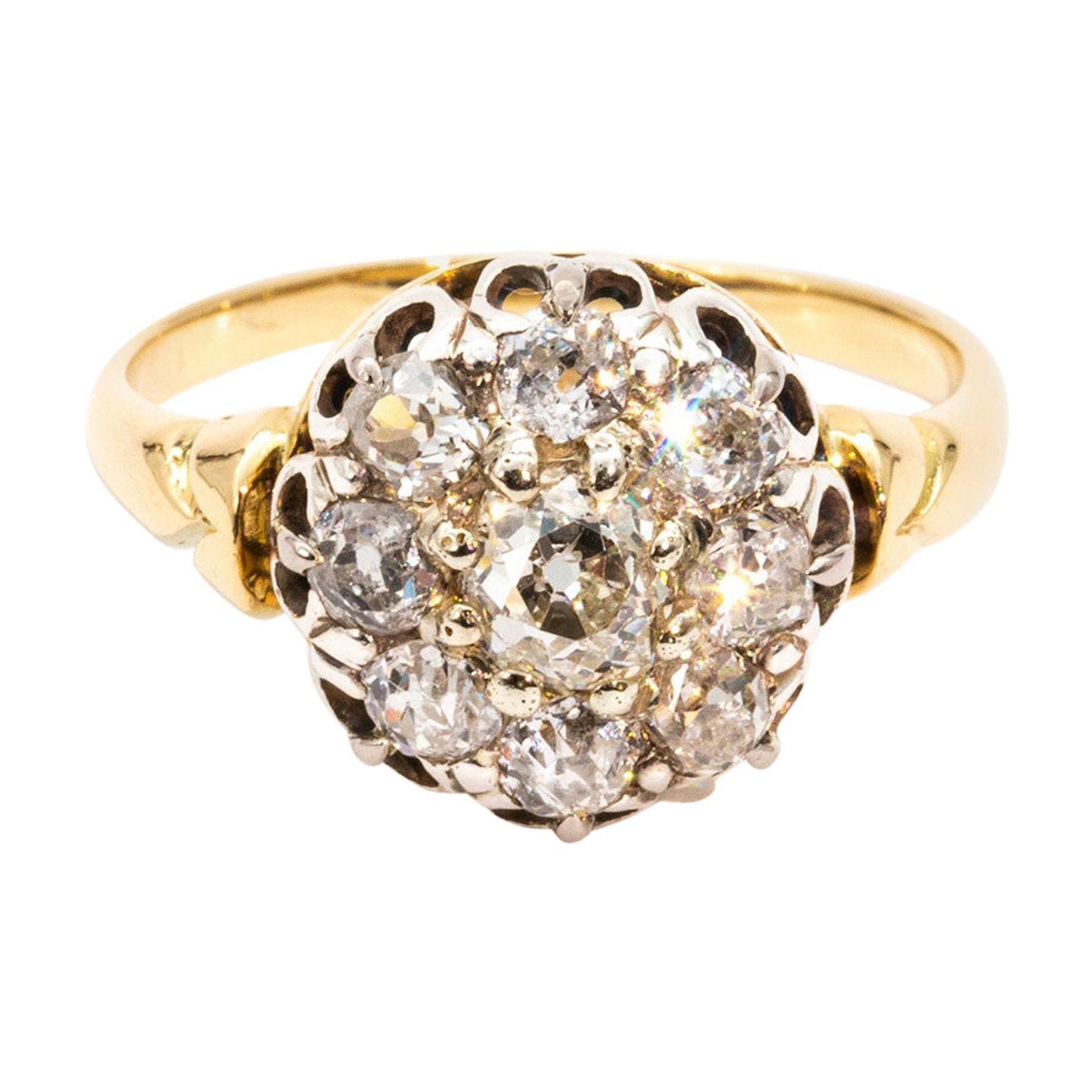 1.46 Carat Old Cut Diamond 18 Carat Gold Cluster Ring, Circa 1890s