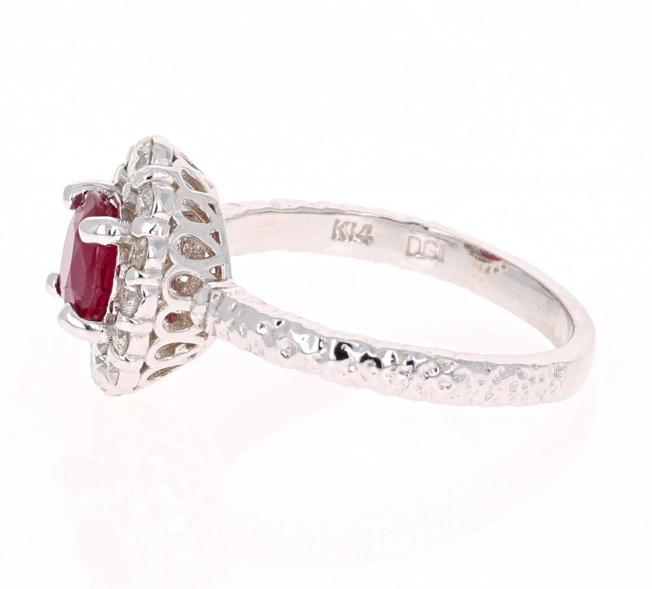 Modern 1.46 Carat Oval Cut Burmese Ruby Diamond 14 Karat White Gold Bridal Ring For Sale