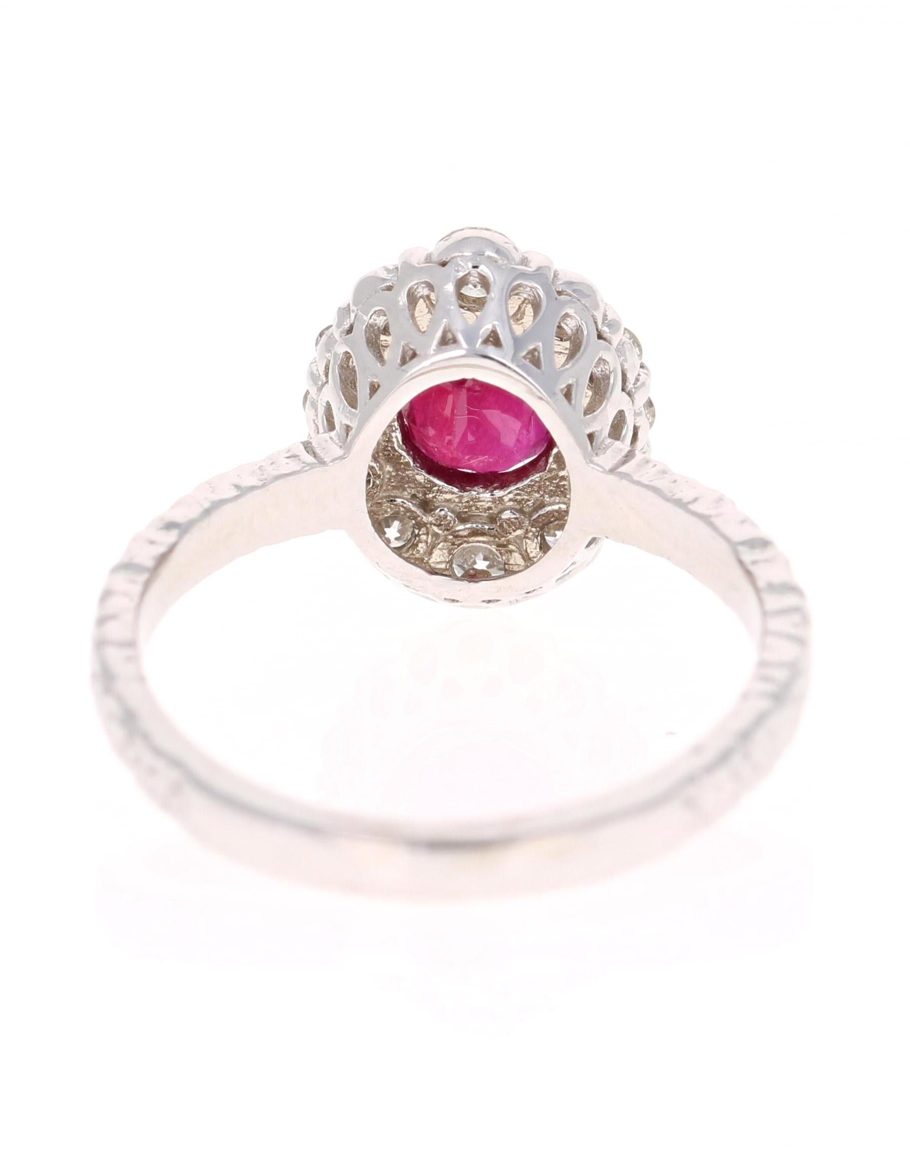 1.46 Carat Oval Cut Burmese Ruby Diamond 14 Karat White Gold Bridal Ring In New Condition For Sale In Los Angeles, CA