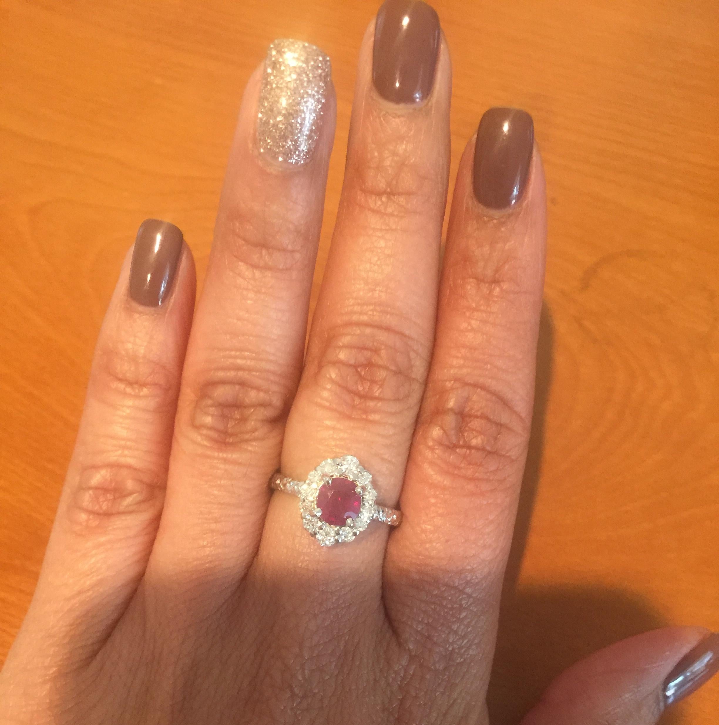 Women's 1.46 Carat Oval Cut Burmese Ruby Diamond 14 Karat White Gold Bridal Ring For Sale