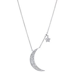 1.46 Carat Pave Diamond Crescent Moon and Star Pendant Necklace