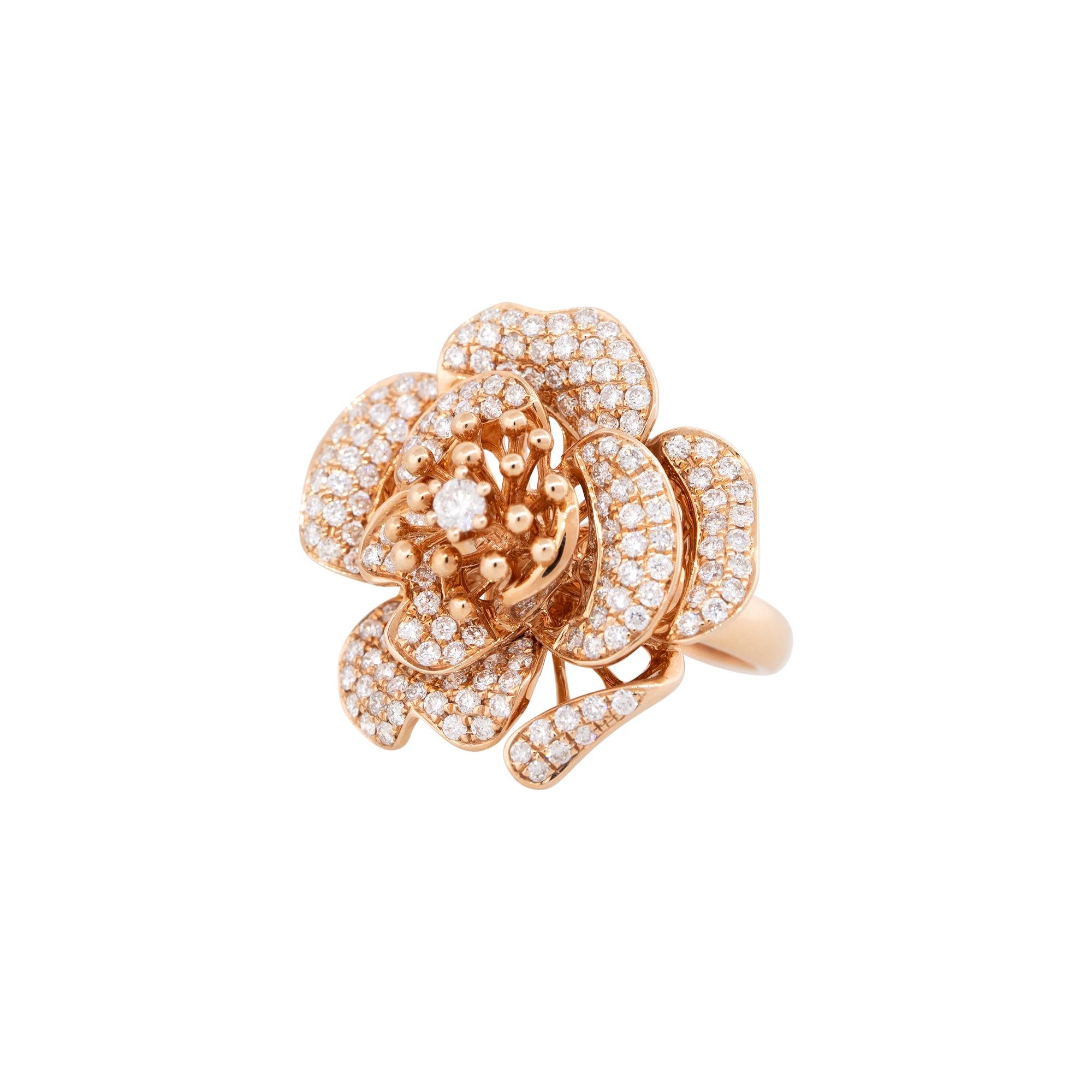 18k Rose Gold 1.46ctw Pave Diamond Rose Shape Ring

Product: Rose Shaped Pave Diamond Ring
Material: 18k Rose Gold
Diamond Details: There are approximately 1.46 carats of, Pave set, Round Brilliant cut diamonds. There is a larger stone in the center