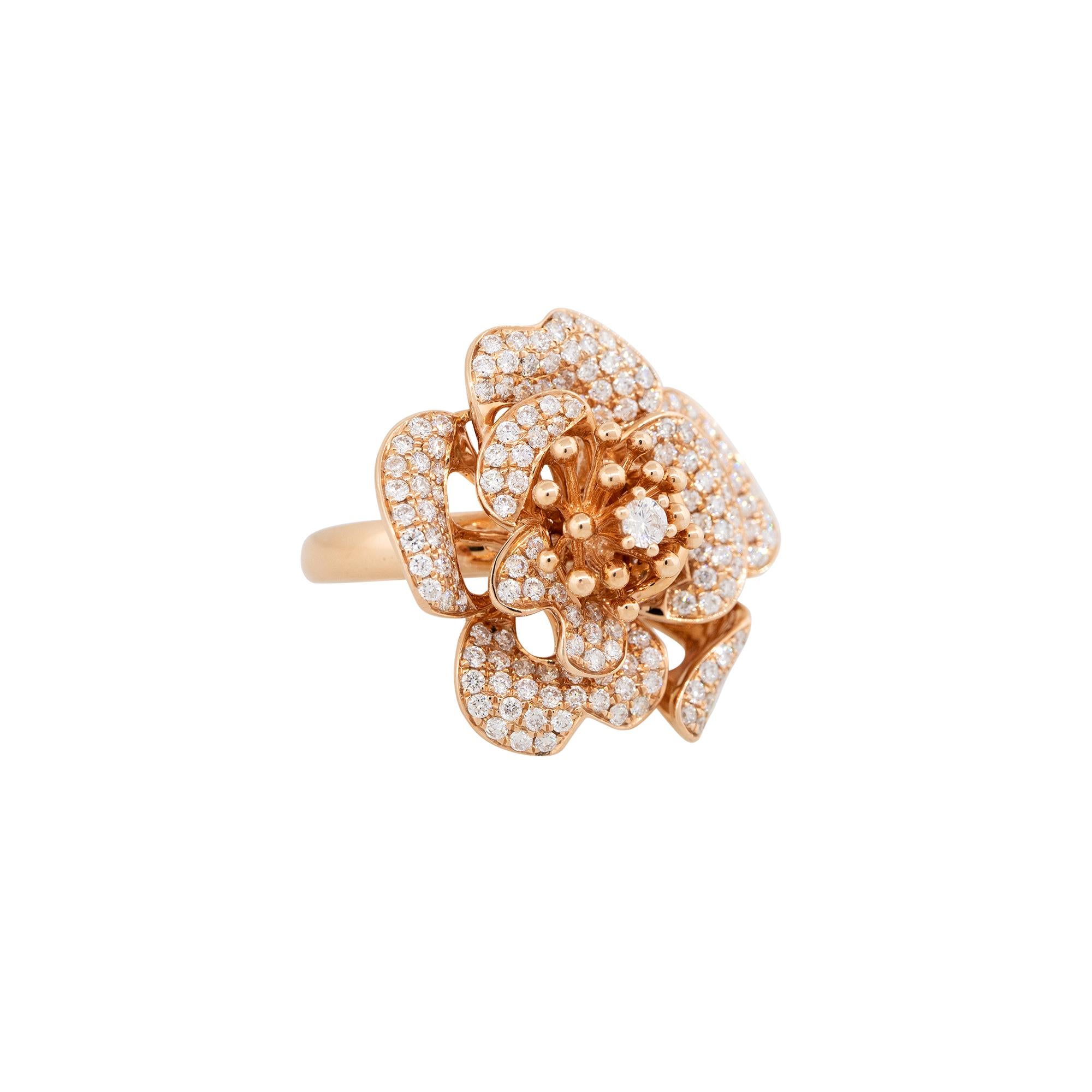 Modern 1.46 Carat Pave Diamond Rose Shape Ring 18 Karat In Stock For Sale