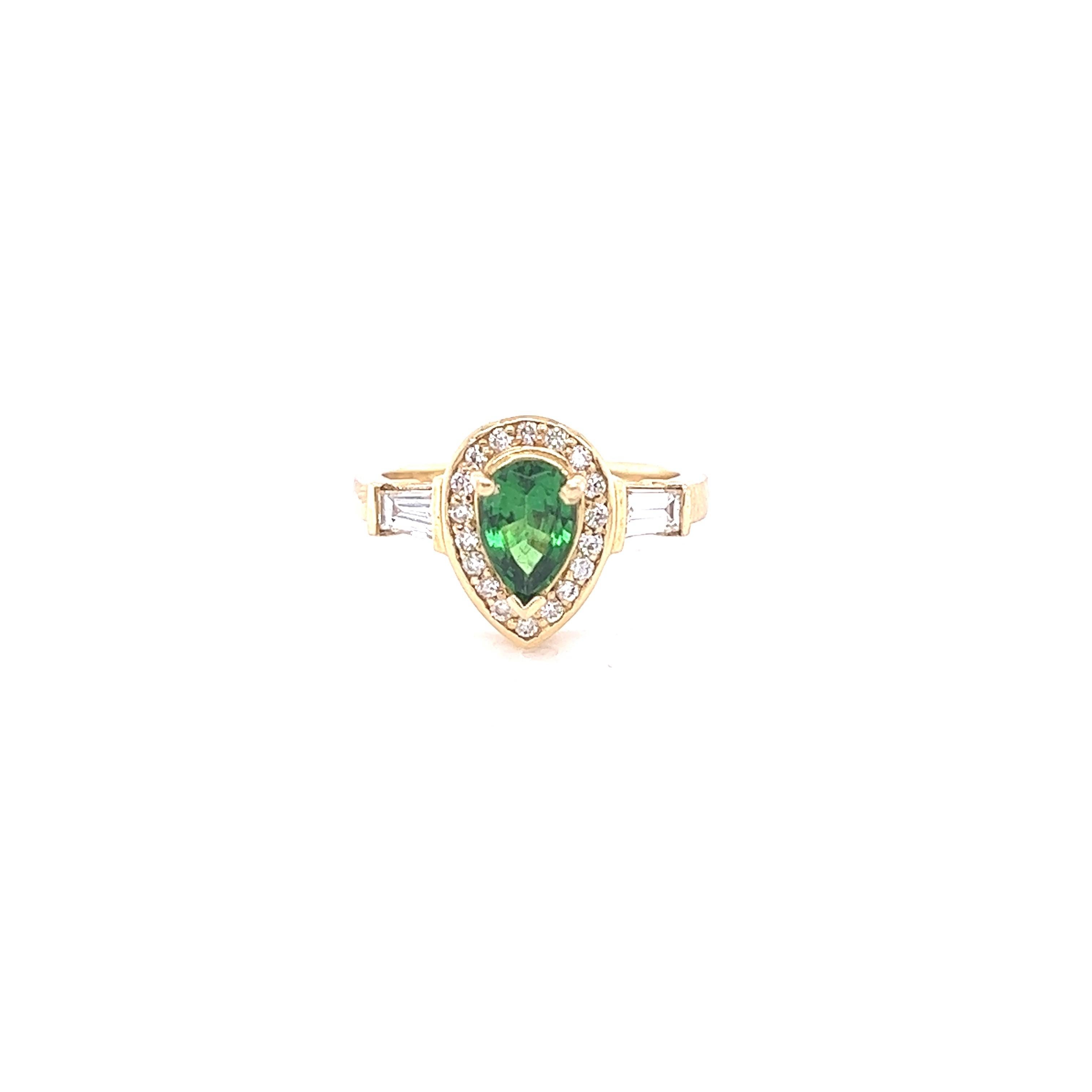 Contemporary 1.46 Carat Pear Cut Tsavorite Diamond Yellow Gold Cocktail Ring For Sale
