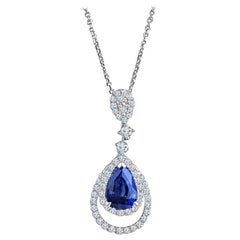 1.46 Carat Pear Shape Vivid Blue Sapphire and Diamond Pendant