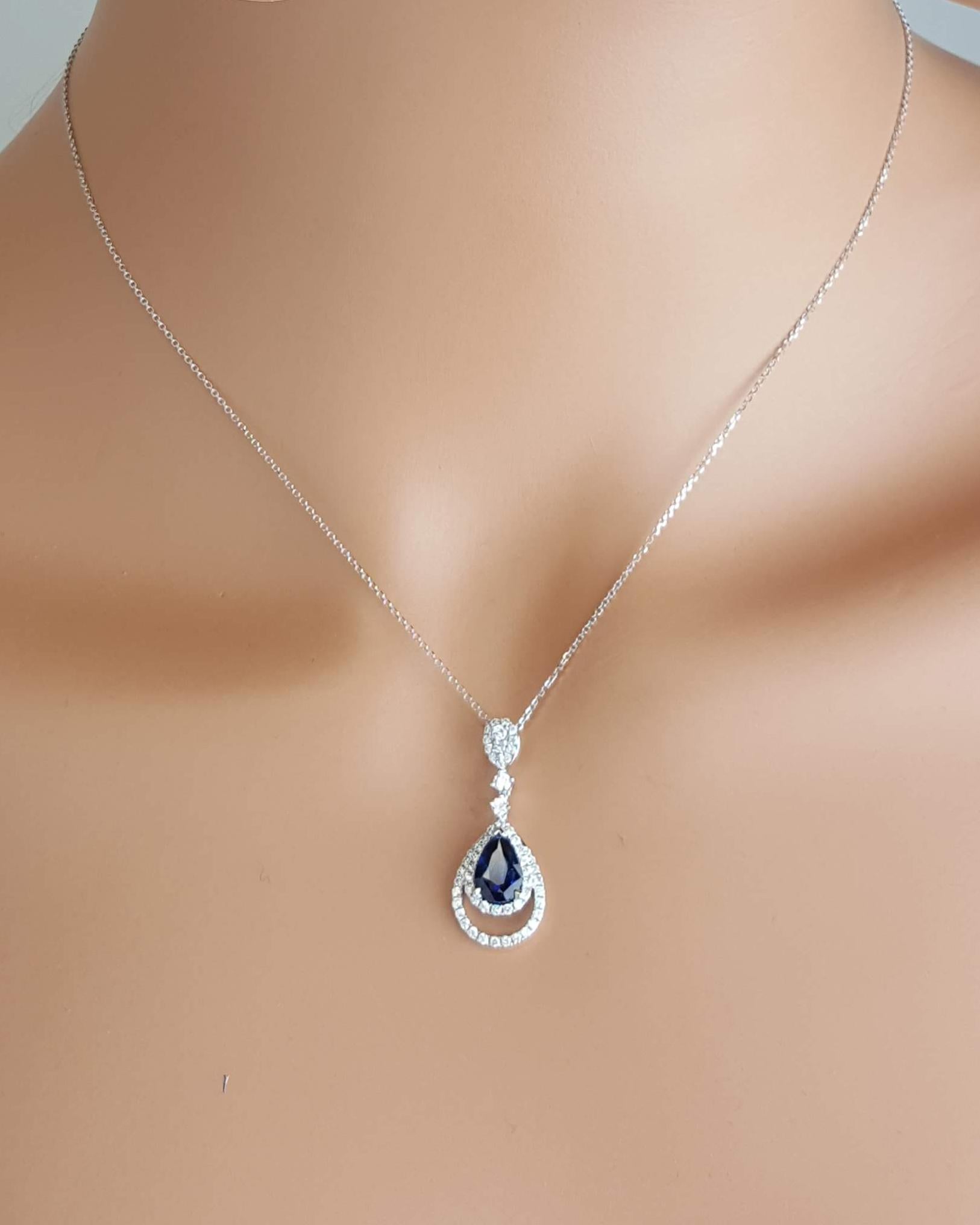 Pear Cut 1.46 Carat Pear Shape Vivid Blue Sapphire and Diamond Pendant