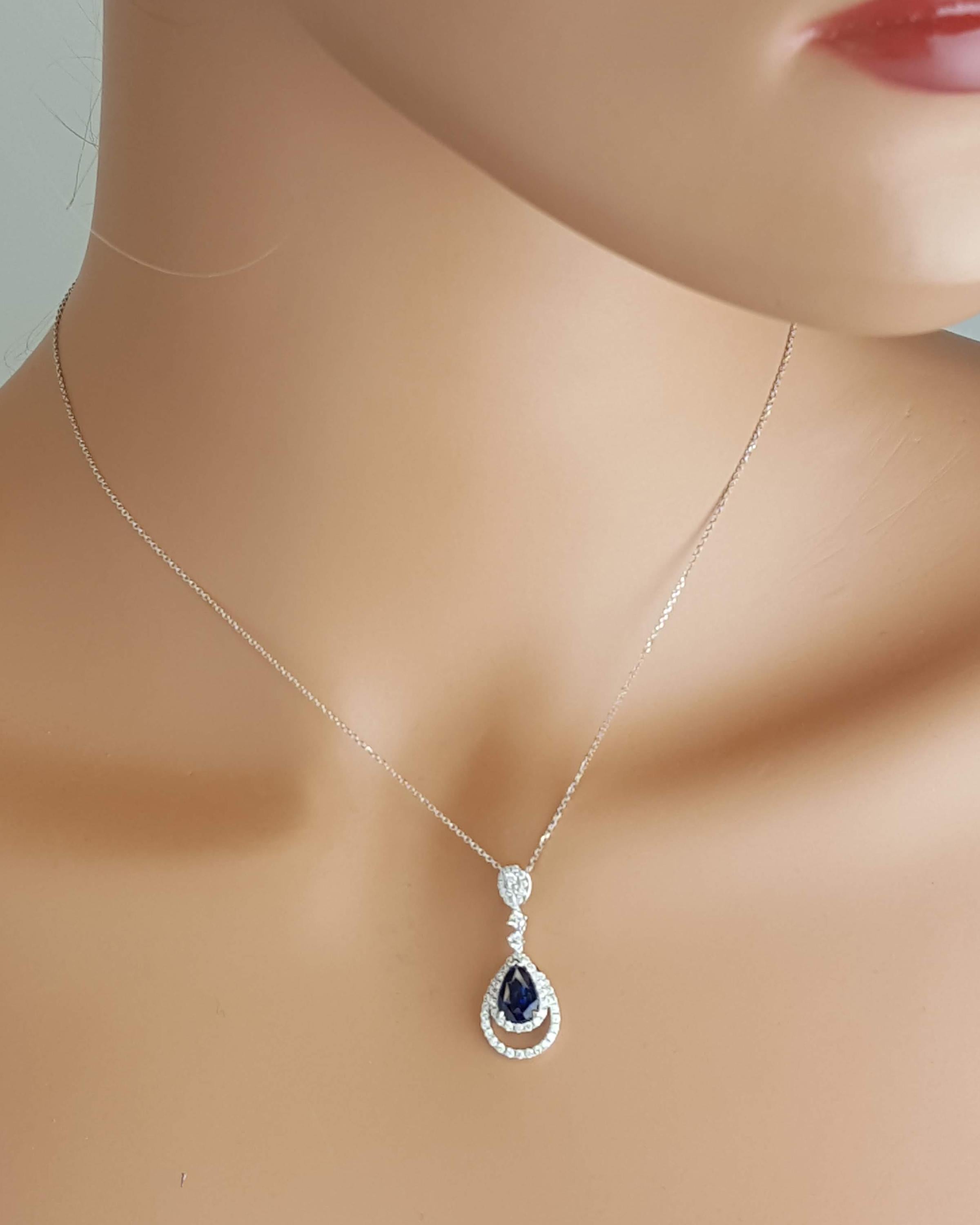 1.46 Carat Pear Shape Vivid Blue Sapphire and Diamond Pendant In New Condition In New York, NY