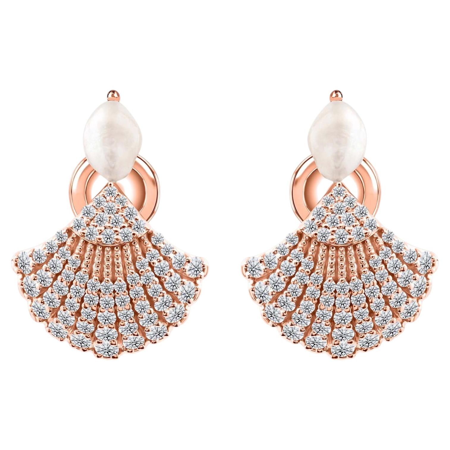 1.46 Carat Pearl Gemstone 1.16 Carat SI/H Diamond Earrings 18 Karat Rose Gold